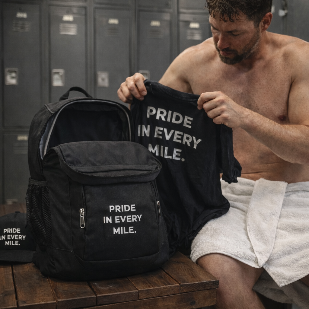 Trucker's Pride Man in a locker room holding a t-shirt with 'Pride in Every Mile' text next to a black backpack.