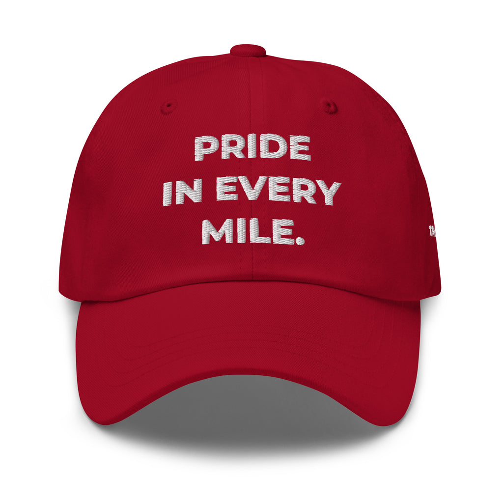Trucker's Pride Pride in Every Mile Holiday Everyday Trucker Cap - Cranberry & Spruce in cranberry, front view