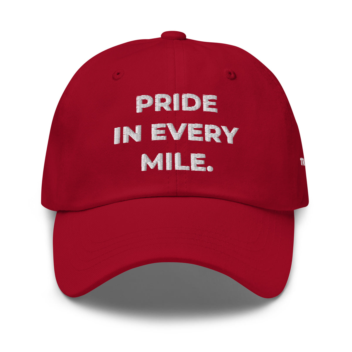 Trucker's Pride Pride in Every Mile Holiday Everyday Trucker Cap - Cranberry & Spruce in cranberry, front view