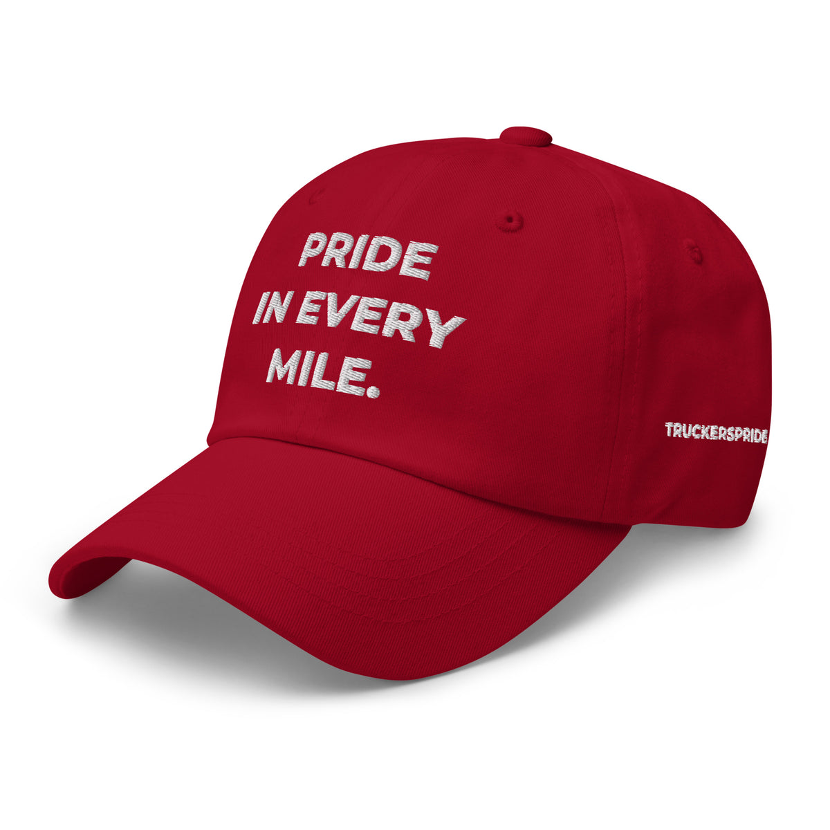 Trucker's Pride Pride in Every Mile Holiday Everyday Trucker Cap - Cranberry & Spruce in cranberry, front angle view