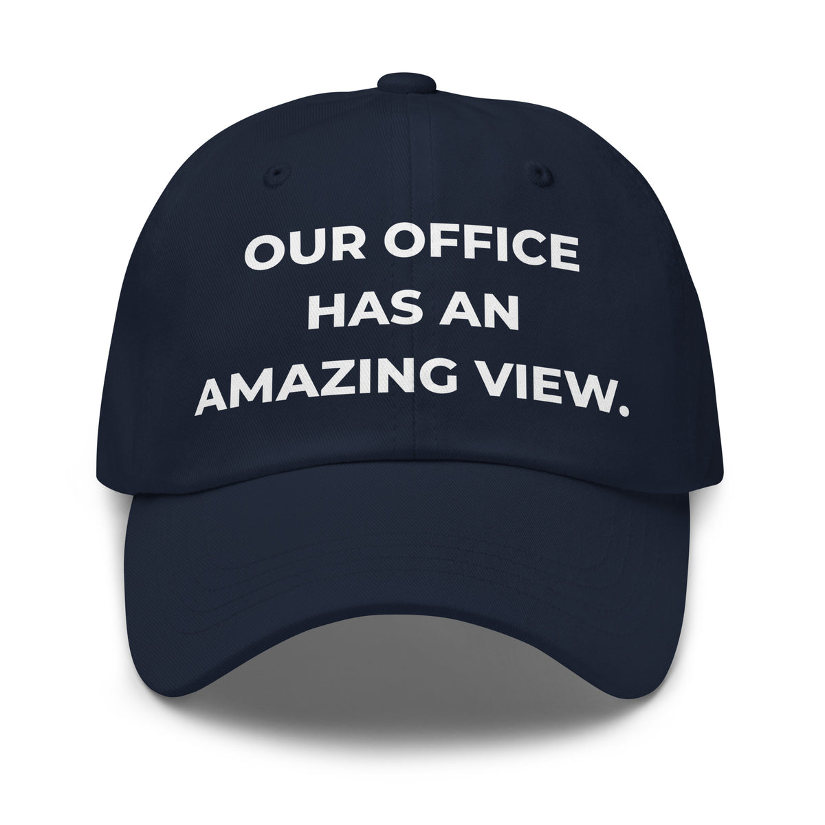 Trucker's Pride Our Office Has An Amazing View Everyday Trucker Cap in navy, front view
