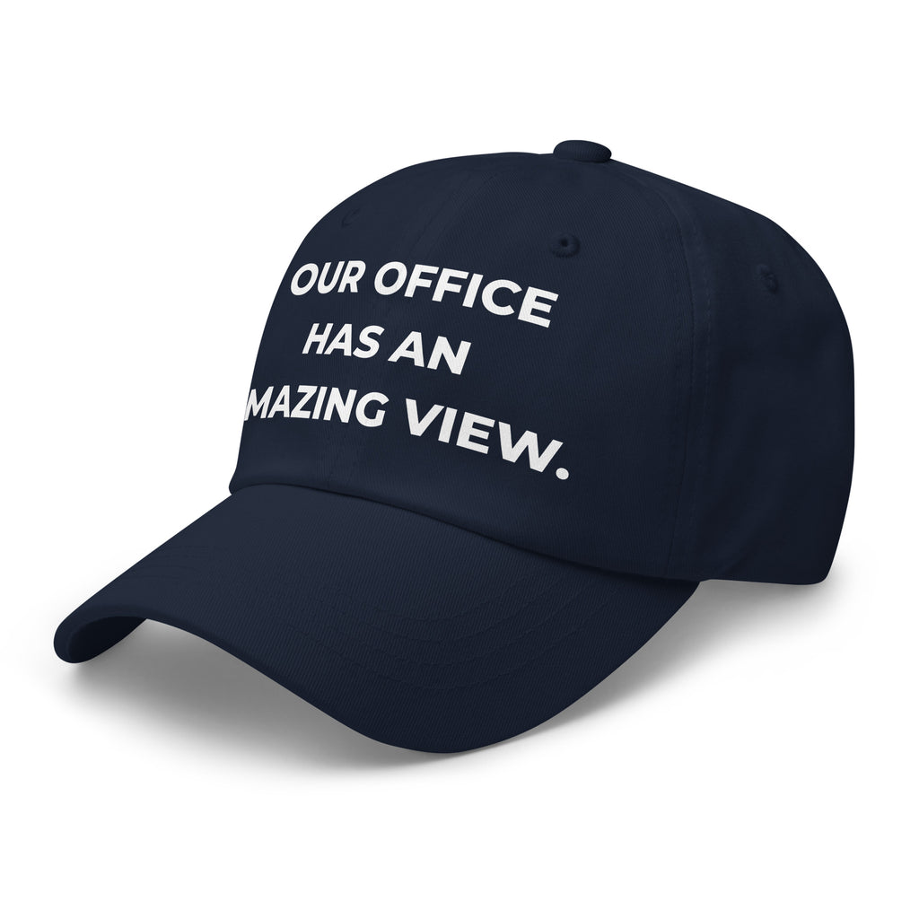 Trucker's Pride Our Office Has An Amazing View Everyday Trucker Cap in navy, front view