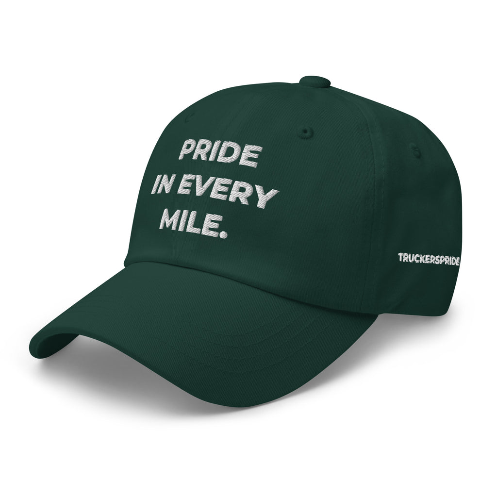 Trucker's Pride Pride in Every Mile Holiday Everyday Trucker Cap - Cranberry & Spruce in spruce, front angle view