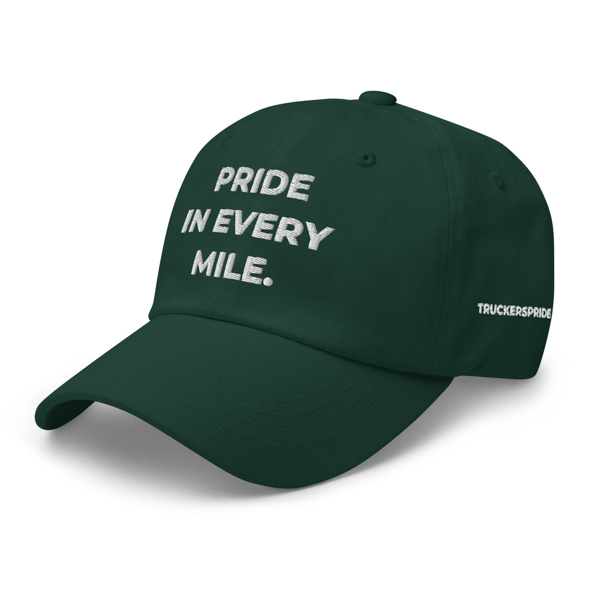 Trucker's Pride Pride in Every Mile Holiday Everyday Trucker Cap - Cranberry & Spruce in spruce, front angle view