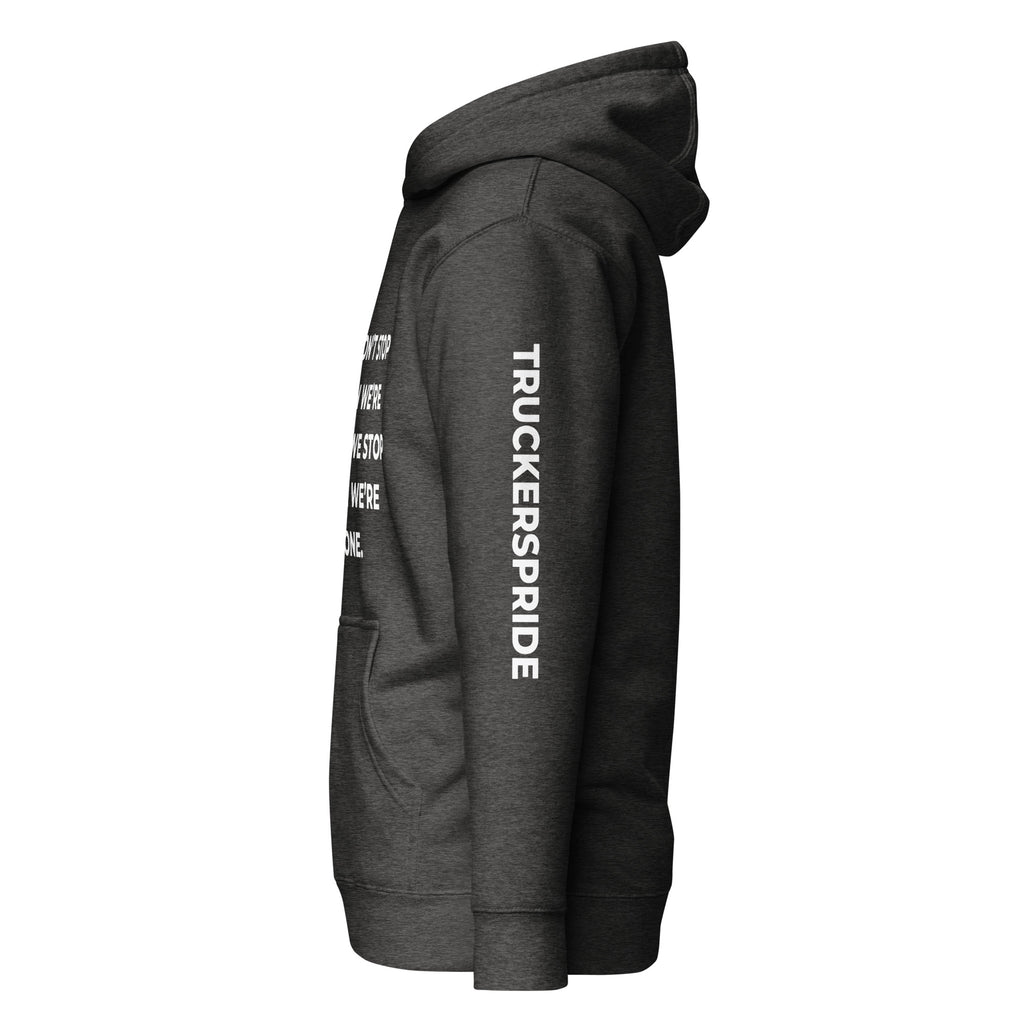 Trucker's Pride We Don’t Stop When We’re Tired Premium Pullover Trucker Hoodie in heather, side view