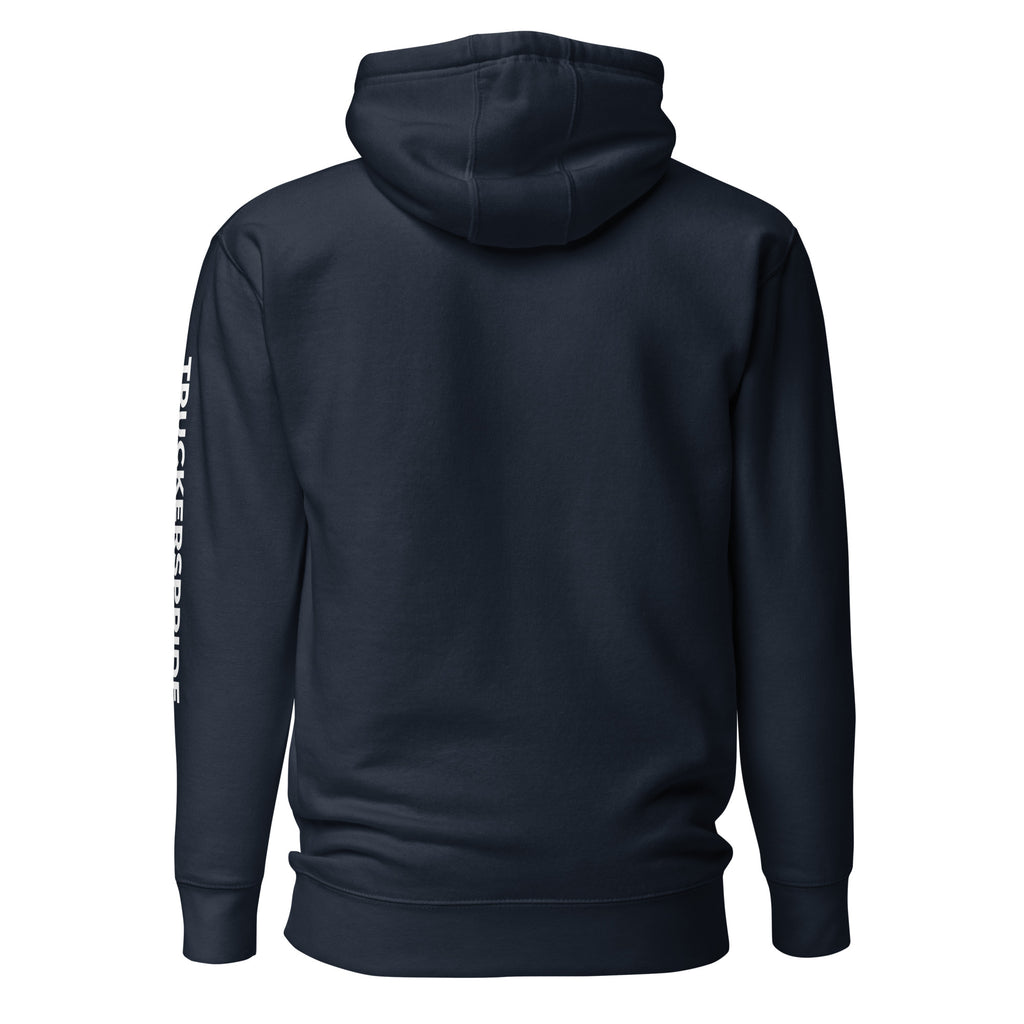 Trucker's Pride Our Office Has an Amazing View Premium Pullover Trucker Hoodie in navy, back view