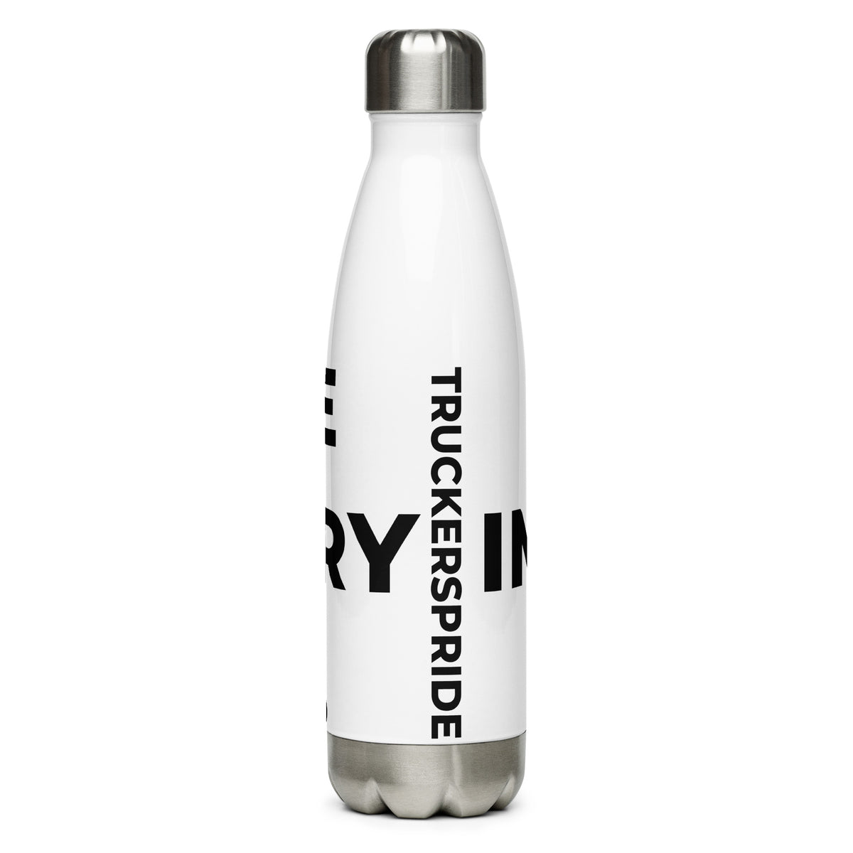 Trucker's Pride Pride in Every Mile Stainless Steel Trucker Water Bottle in white, back view