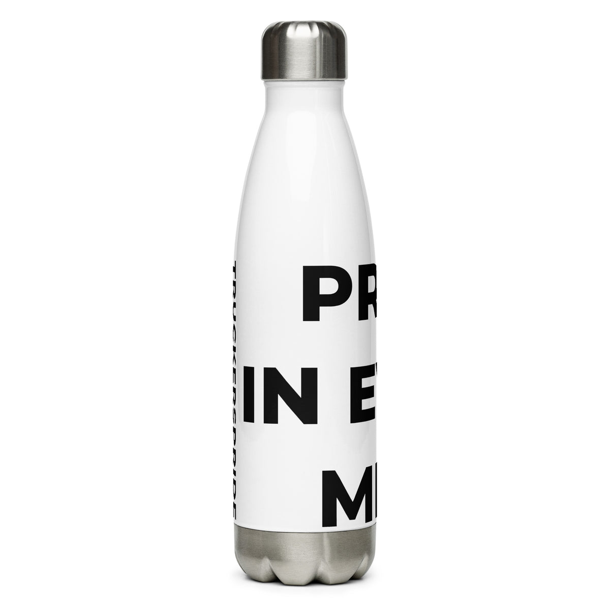 Trucker's Pride Pride in Every Mile Stainless Steel Trucker Water Bottle in white, side view