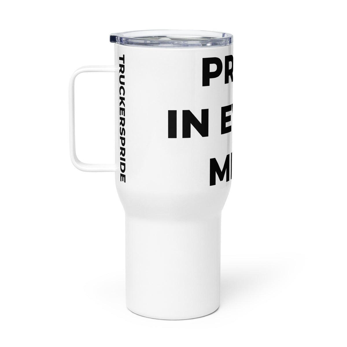 Trucker's Pride Pride in Every Mile Stainless Steel Trucker Travel Mug in white, side view