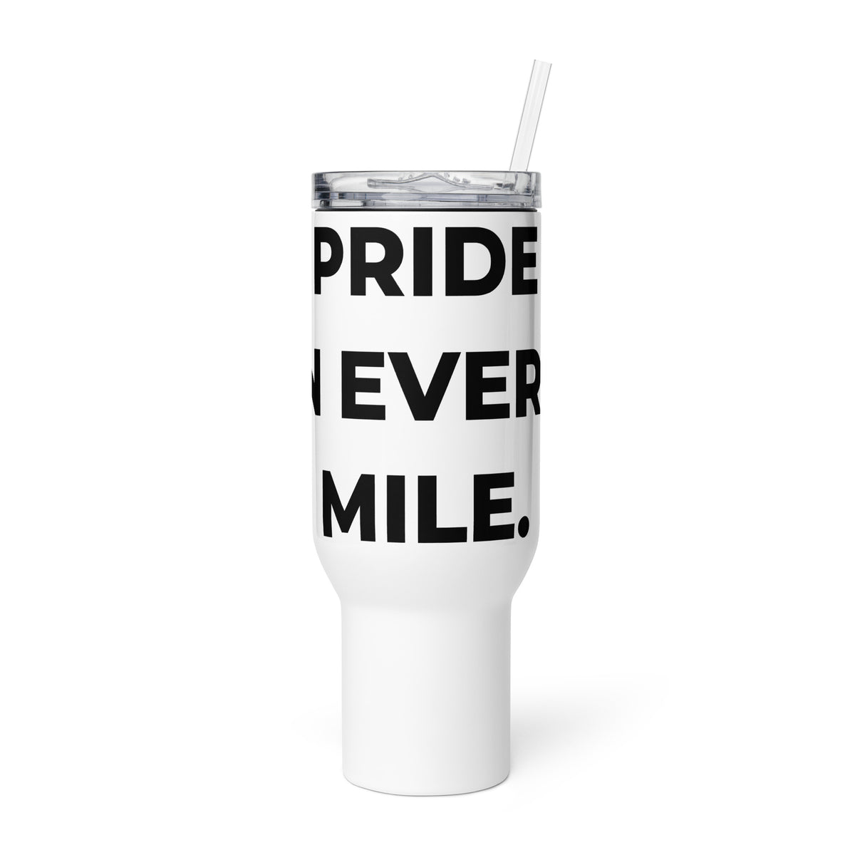 Trucker's Pride Pride in Every Mile Stainless Steel Trucker Travel Mug in white, front view