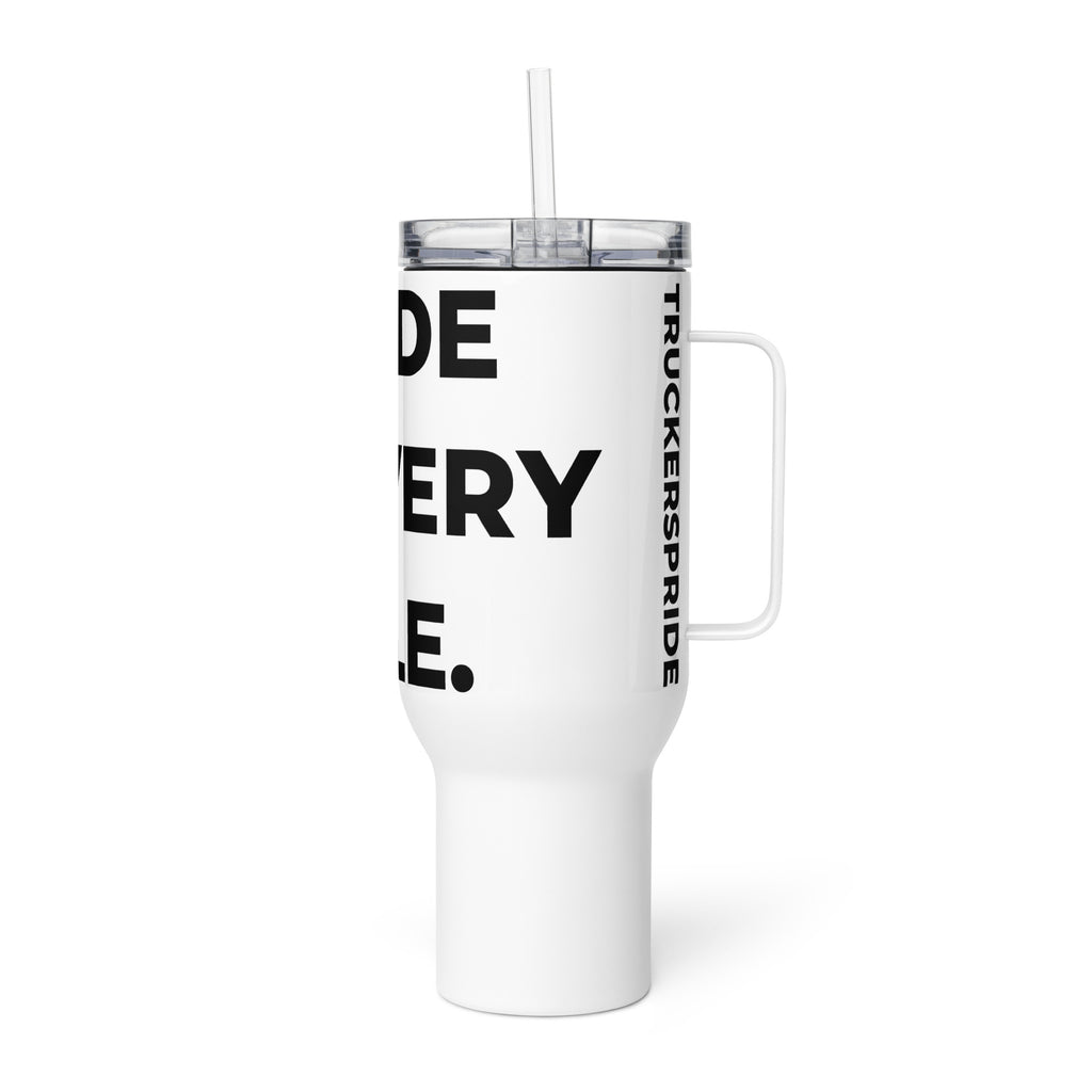 Trucker's Pride Pride in Every Mile Stainless Steel Trucker Travel Mug in white, side view