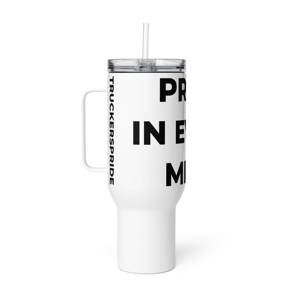 Trucker's Pride Pride in Every Mile Stainless Steel Trucker Travel Mug in white, side view