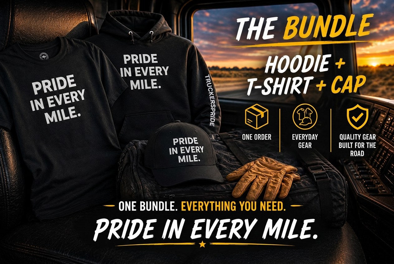 Trucker's Pride Pride in Every Mile bundle: hoodie, t-shirt and cap in a truck cab at sunset