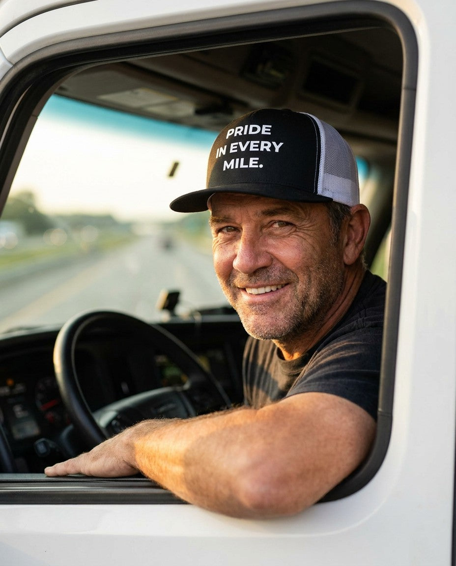Pride in Every Mile Classic Trucker Cap in black and white, worn by a driver in his truck cab