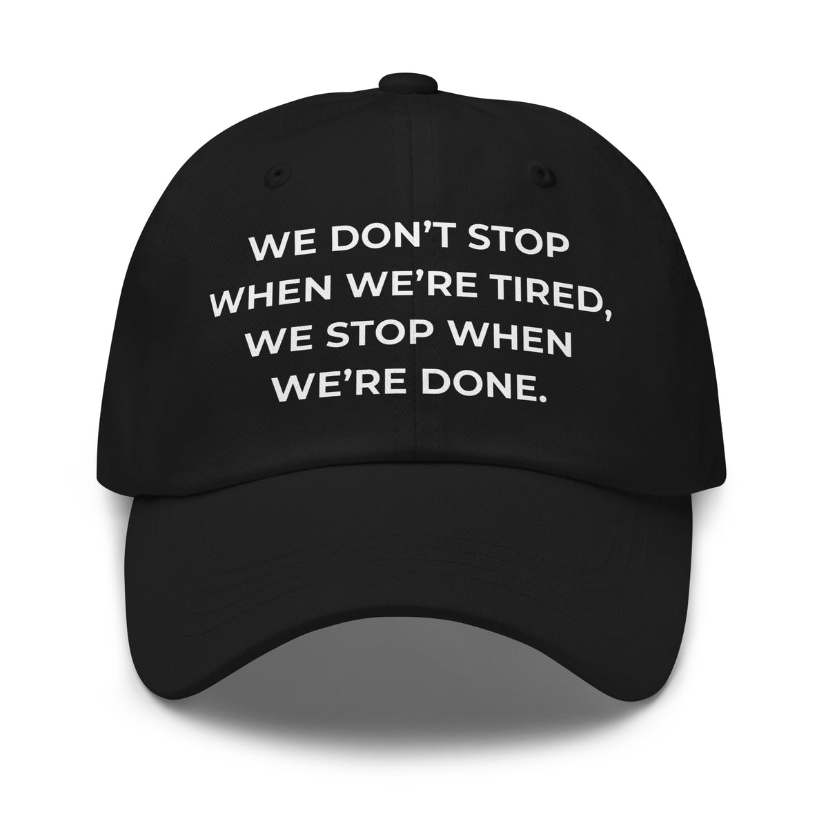 Trucker's Pride We Don’t Stop When We're Tired Everyday Trucker Cap in black, front view