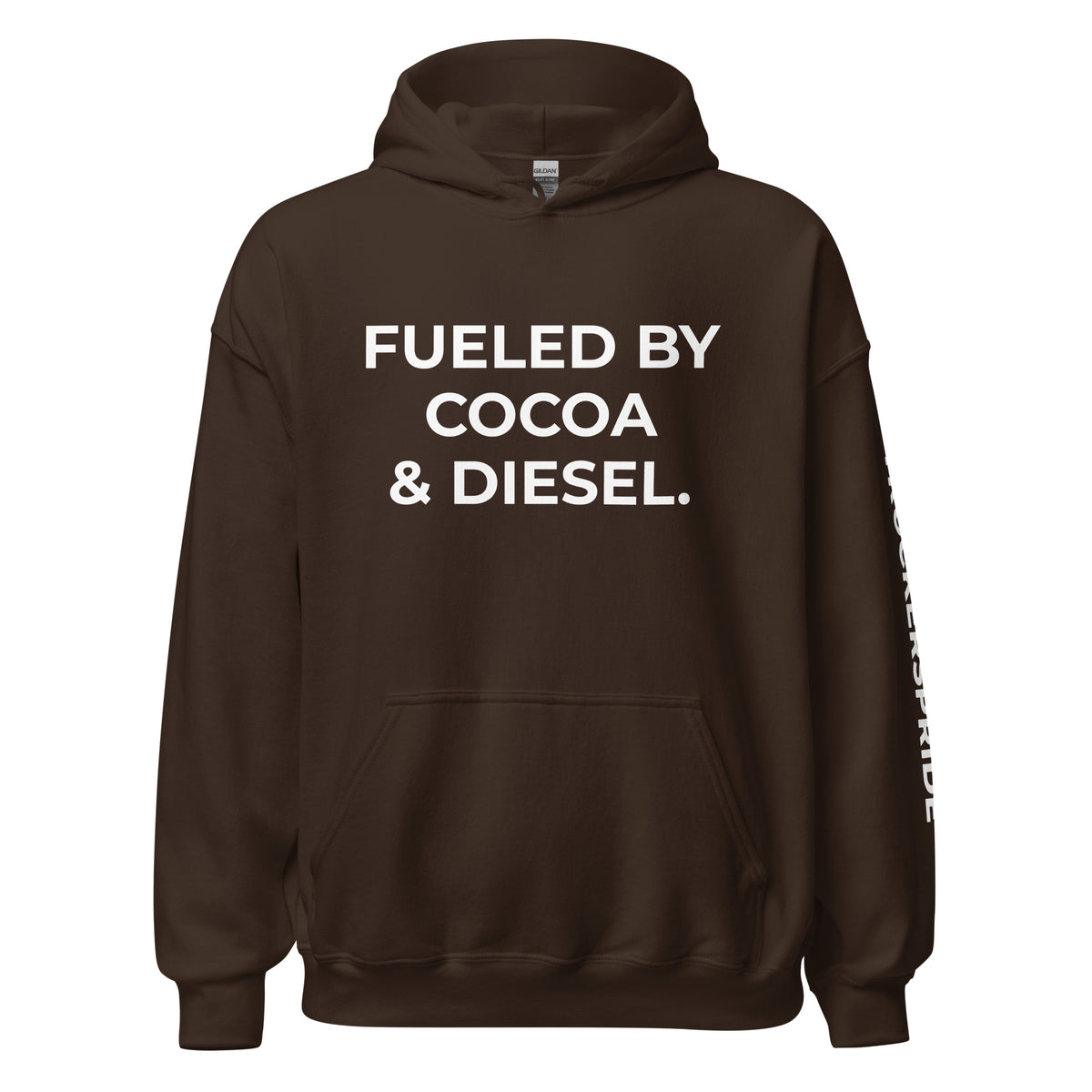Trucker's Pride Fueled by Cocoa & Diesel Trucker Hoodie in Hot Cocoa Brown, front