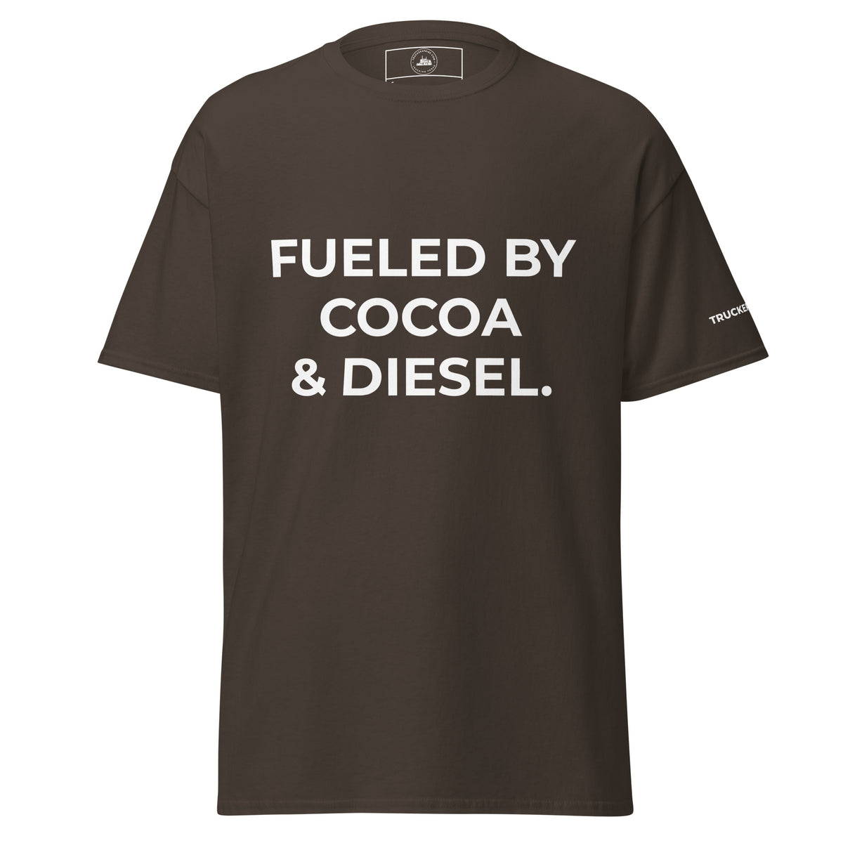 Trucker's Pride Fueled by Cocoa & Diesel Trucker T-Shirt in Hot Cocoa Brown, front