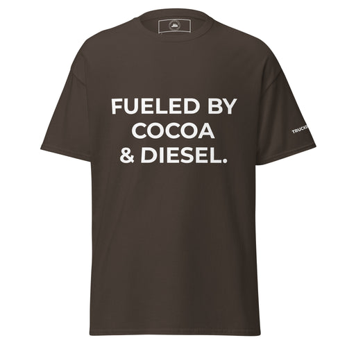 Trucker's Pride Fueled by Cocoa & Diesel Trucker T-Shirt in Hot Cocoa Brown, front