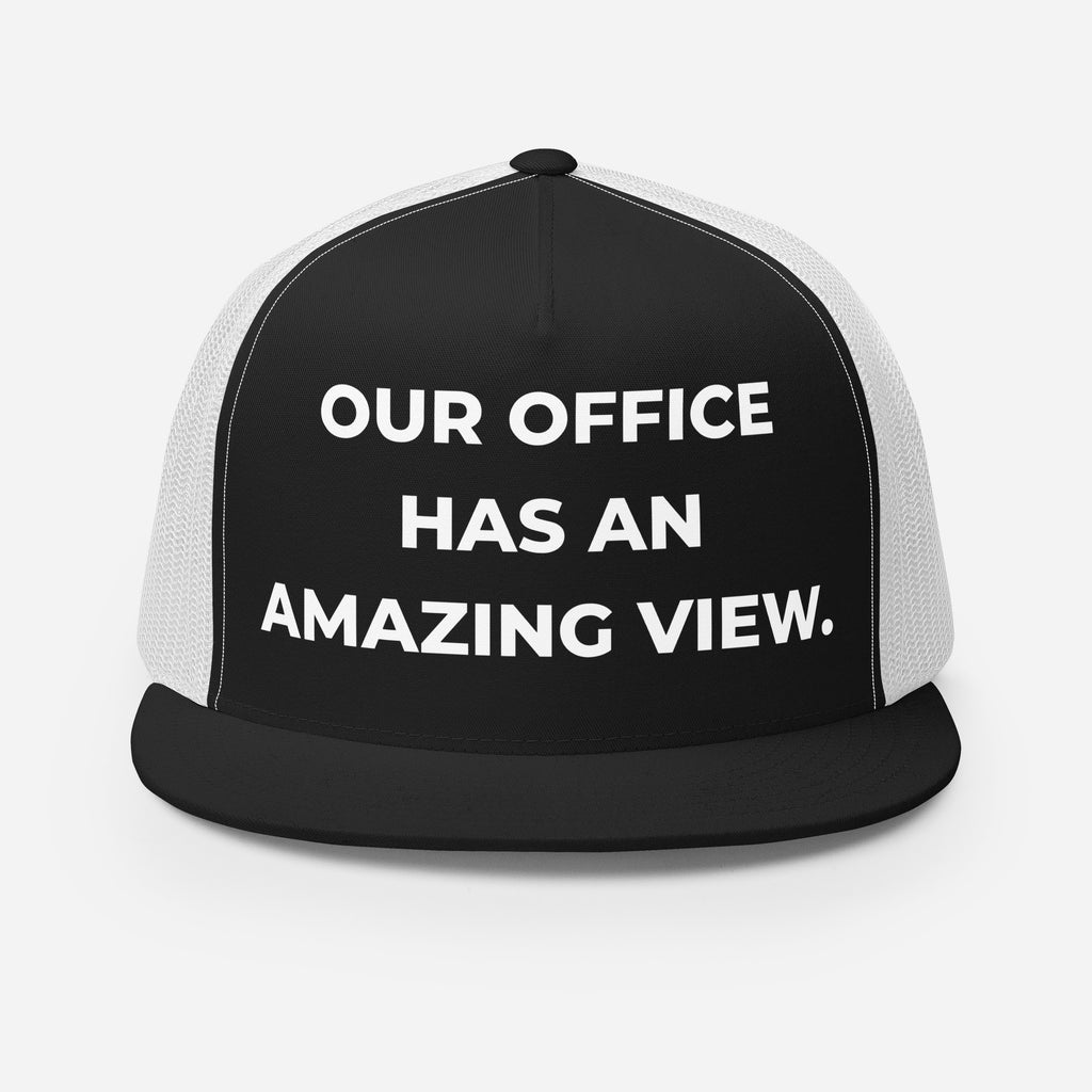 Trucker's Pride Our Office Has an Amazing View Classic Trucker Cap in black and white, front view