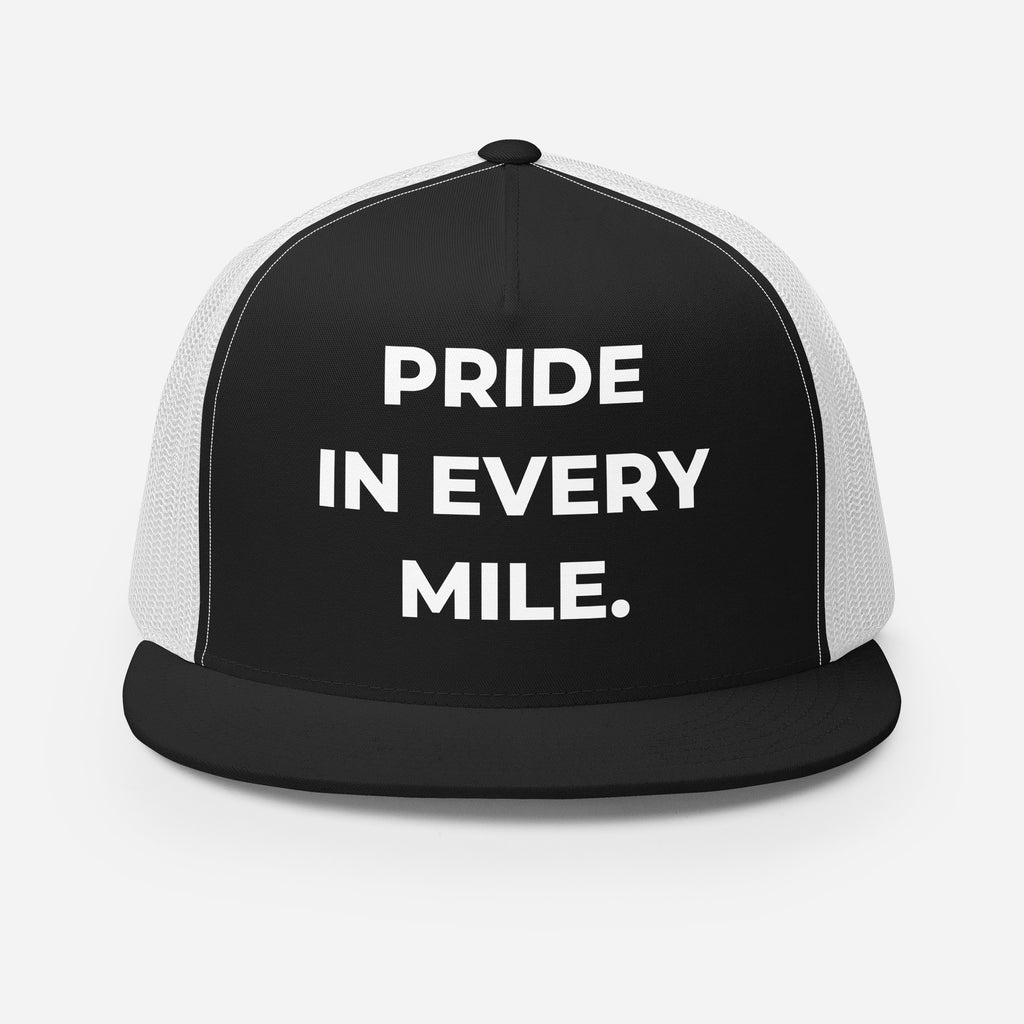 Trucker's Pride Pride in Every Mile Classic Trucker Cap in black and white, front view