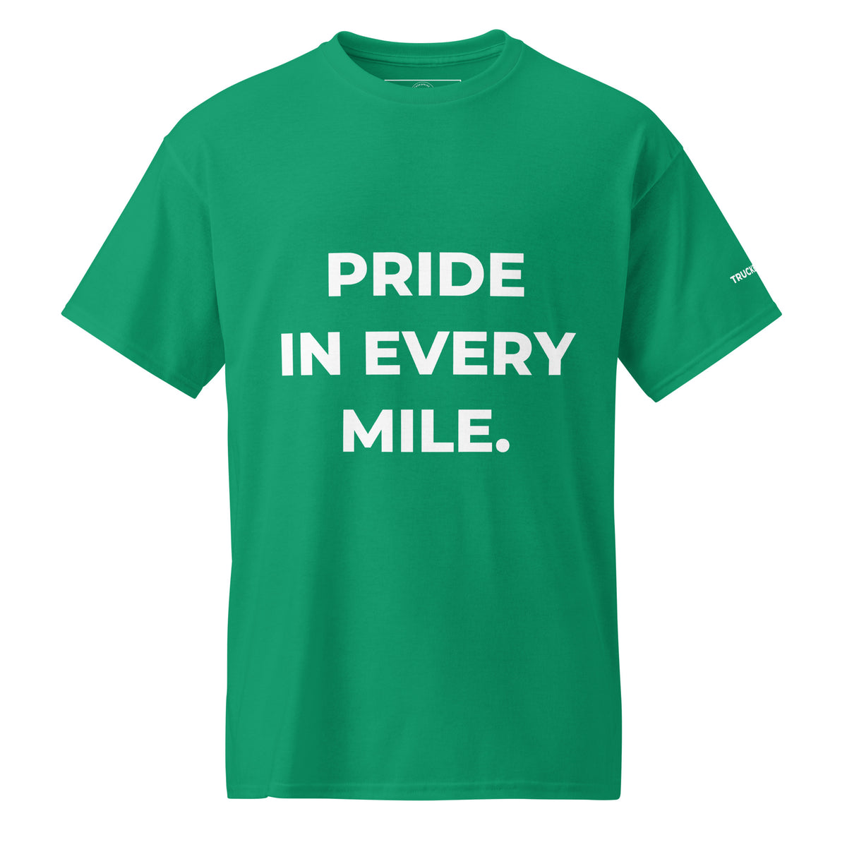 Trucker's Pride Pride in Every Mile Holiday Red & Green Trucker T-Shirt in kelly green, front view
