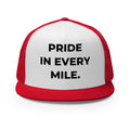 Trucker's Pride Pride in Every Mile Holiday Classic Trucker Cap - Red & Green in red and white, front view