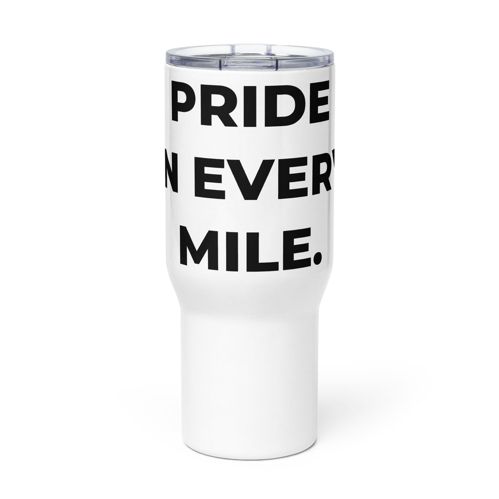 Trucker's Pride Pride in Every Mile Stainless Steel Trucker Travel Mug in white, front view
