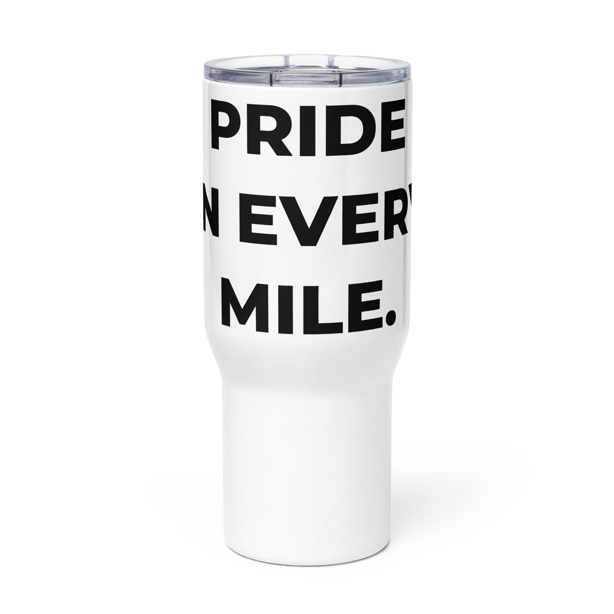 Trucker's Pride Pride in Every Mile Stainless Steel Trucker Travel Mug in white, front view