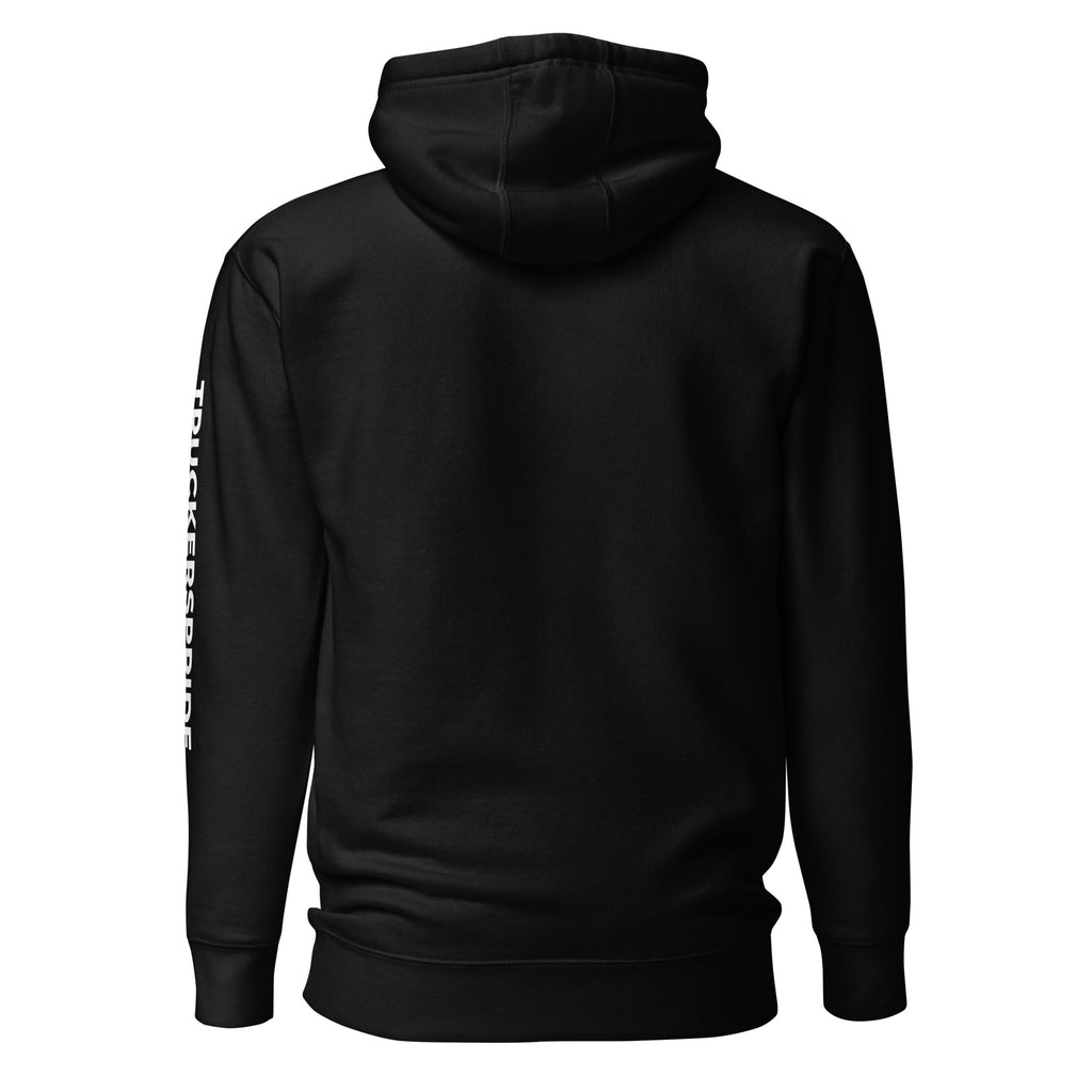 Trucker's Pride Home for the Holidays. Eventually. Trucker Hoodie in black, back view