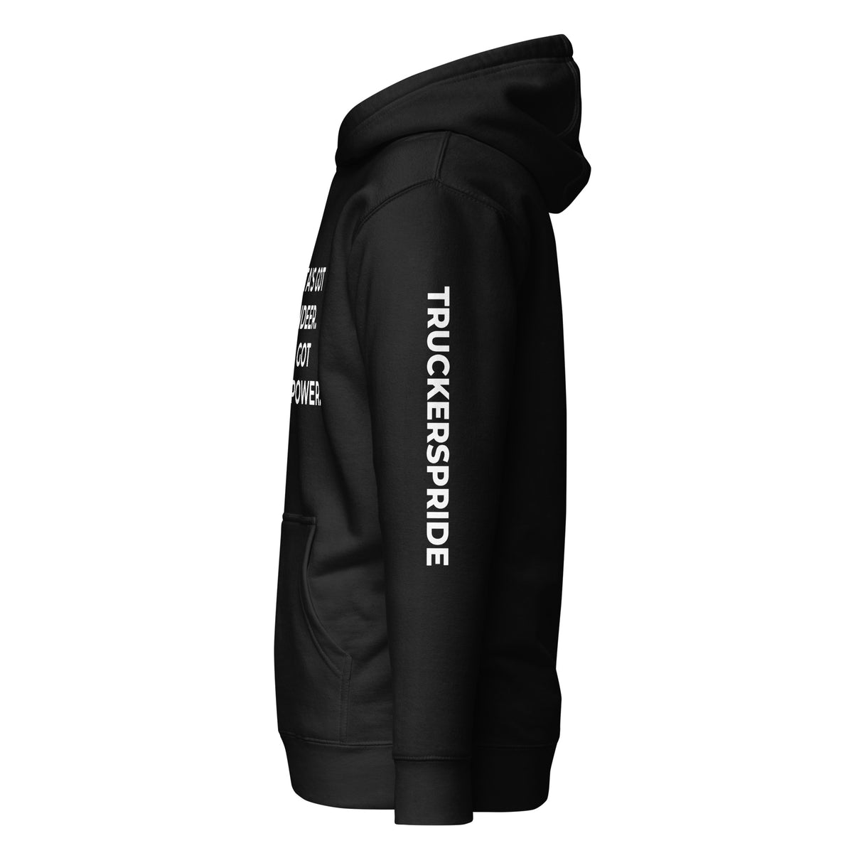 Trucker's Pride Santa's Got Reindeer, I've Got Horsepower Trucker Hoodie in black, left side view