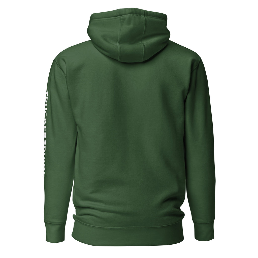 Trucker's Pride Fueled by Cocoa & Diesel Trucker Hoodie in forest green, back view