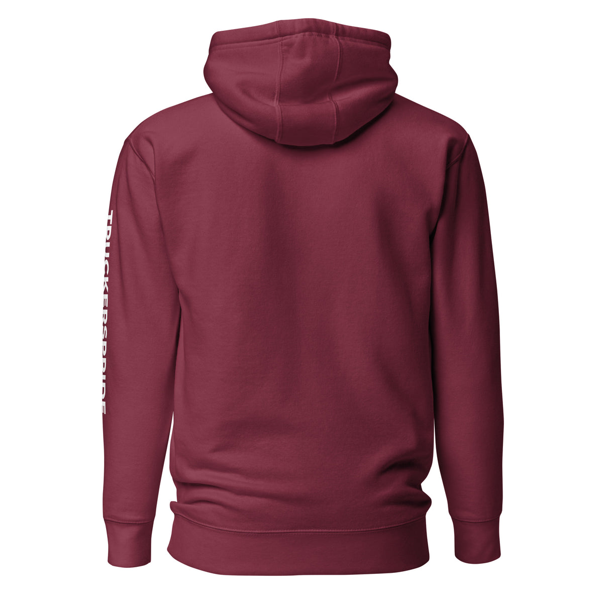 Trucker's Pride Pride in Every Mile Holiday Red & Green Trucker Hoodie in maroon, back view
