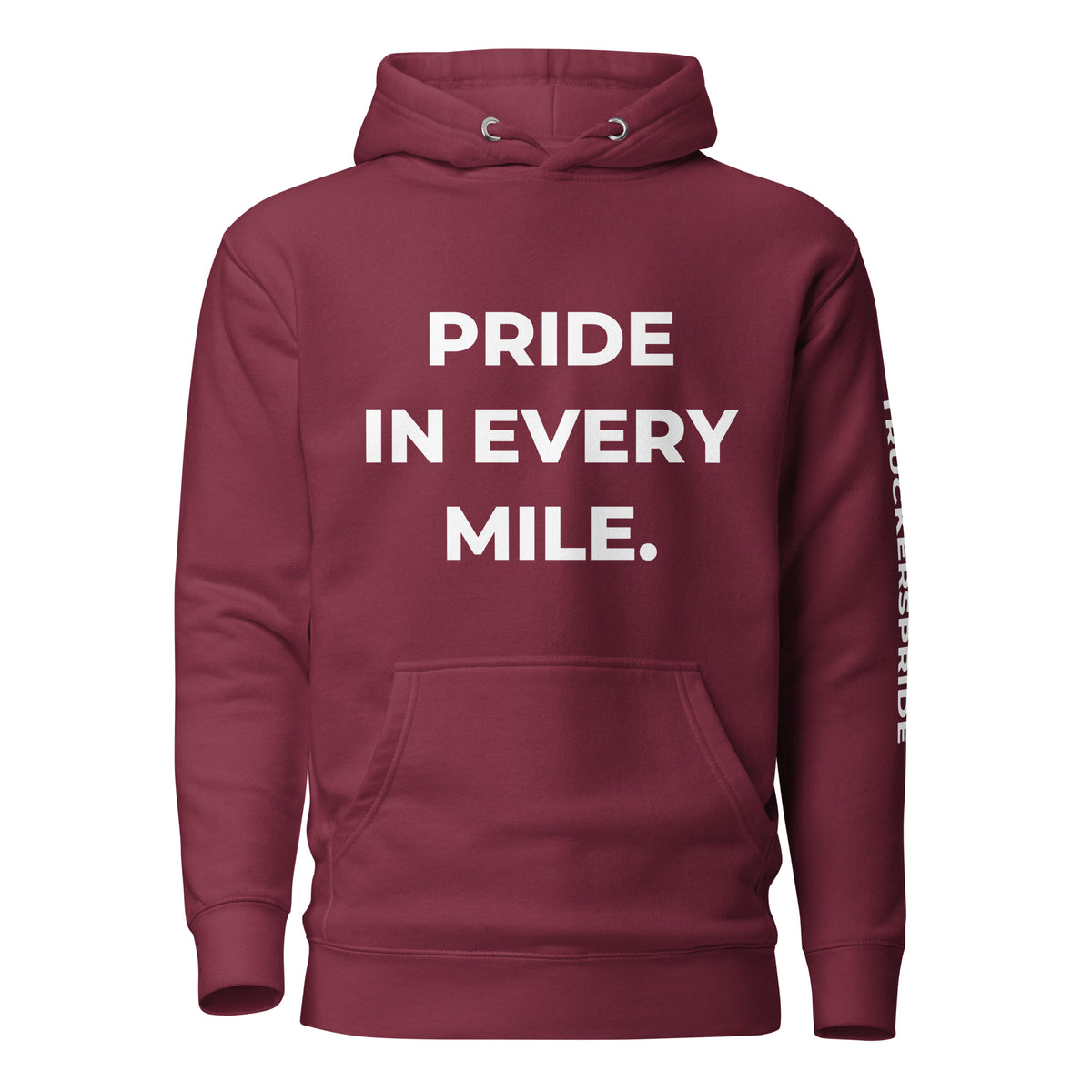 Trucker's Pride Pride in Every Mile Holiday Red & Green Trucker Hoodie in maroon, front view