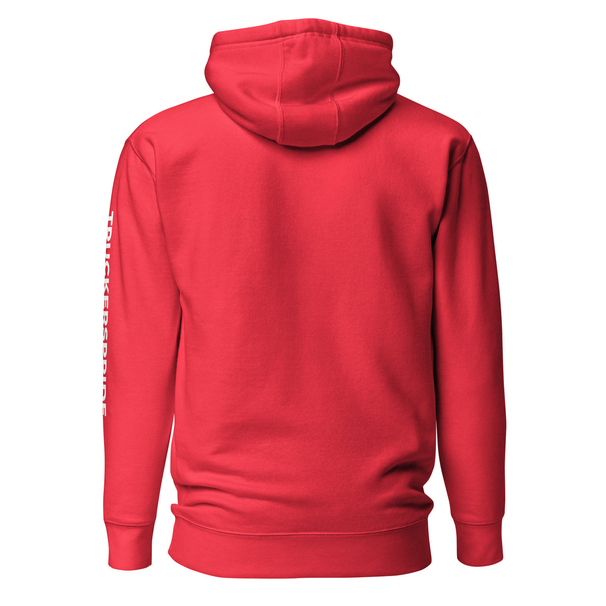 Trucker's Pride Home for the Holidays. Eventually. Trucker Hoodie in red, back view