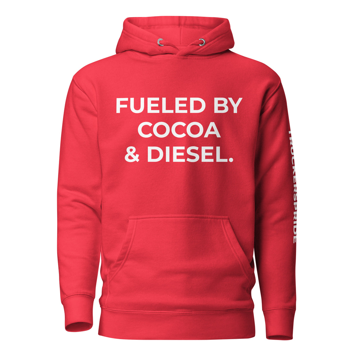 Trucker's Pride Fueled by Cocoa & Diesel Trucker Hoodie in red, front view