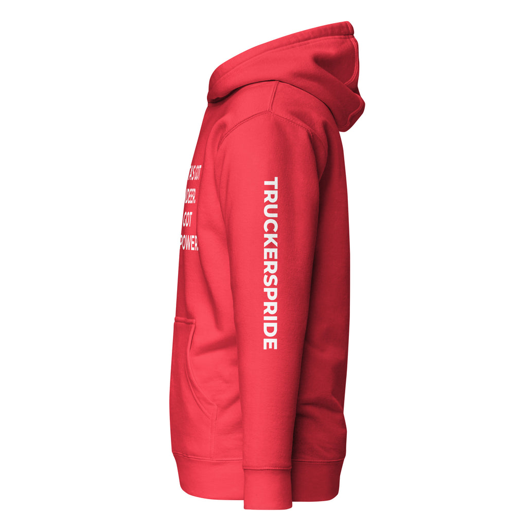 Trucker's Pride Santa's Got Reindeer, I've Got Horsepower Trucker Hoodie in red, left side view