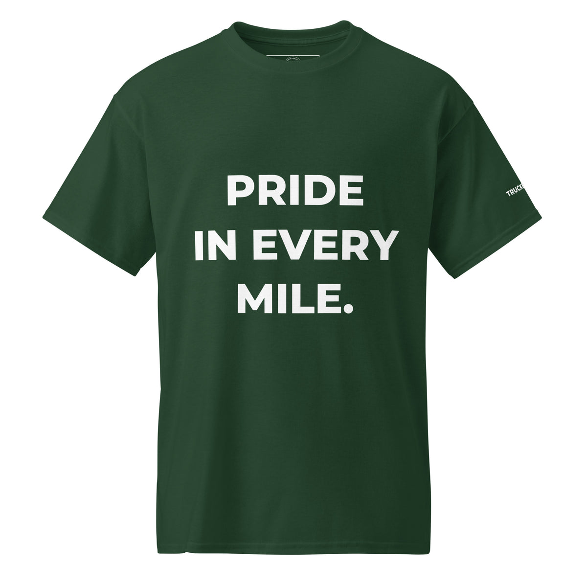 Trucker's Pride Pride in Every Mile Holiday Red & Green Trucker T-Shirt in forest green, front view