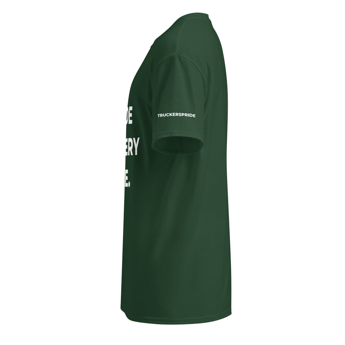 Trucker's Pride Pride in Every Mile Holiday Red & Green Trucker T-Shirt in forest green, left side view