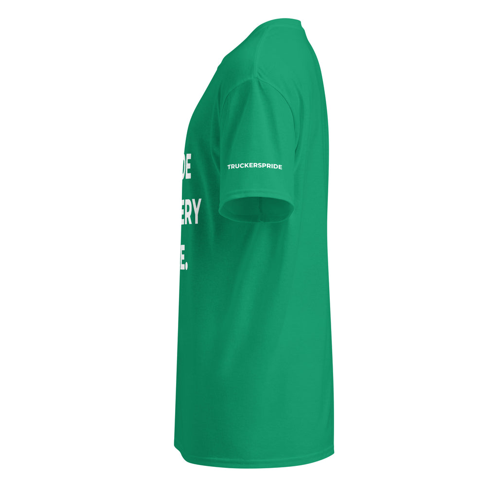 Trucker's Pride Pride in Every Mile Holiday Red & Green Trucker T-Shirt in kelly green, left side view