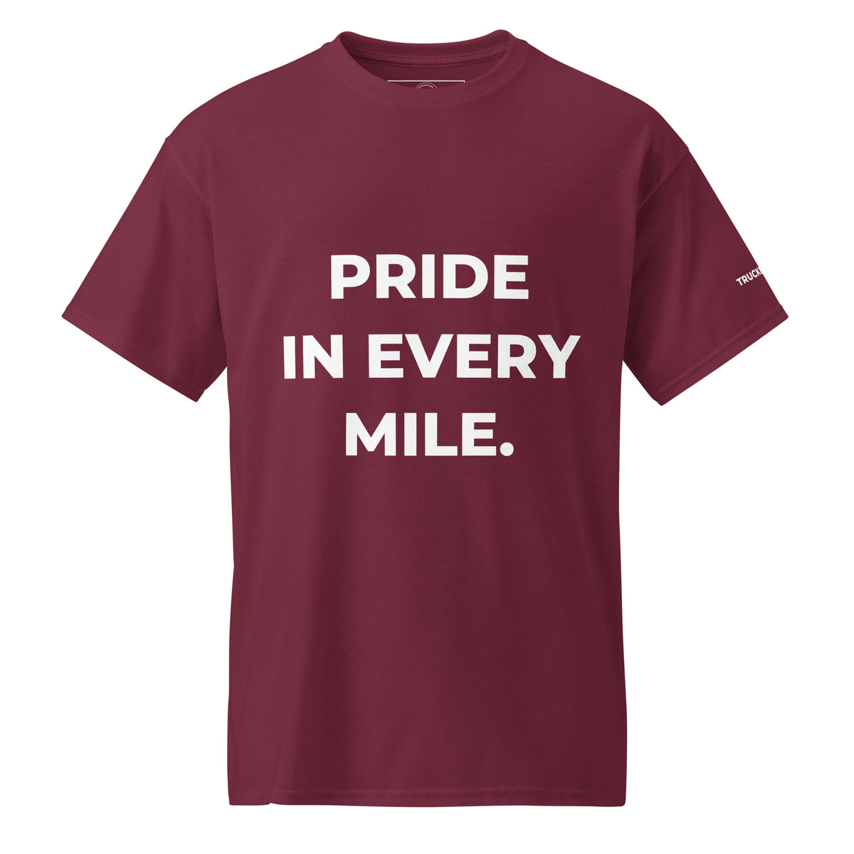 Trucker's Pride Pride in Every Mile Holiday Red & Green Trucker T-Shirt in maroon, front view