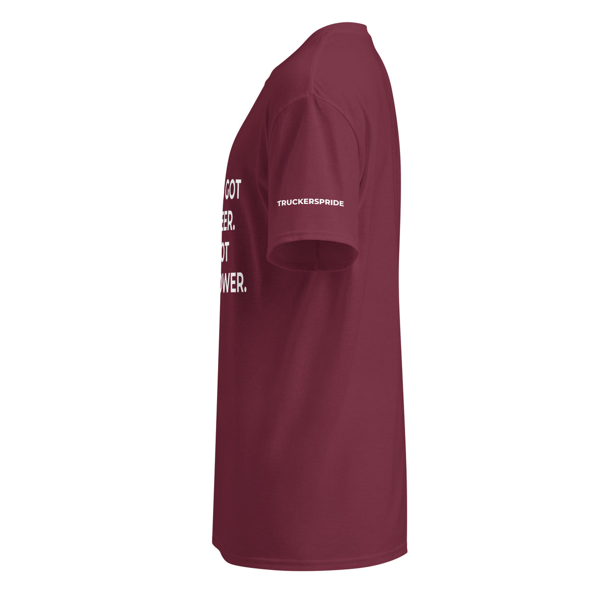 Trucker's Pride Santa's Got Reindeer, I've Got Horsepower Trucker T-Shirt in maroon, left side view
