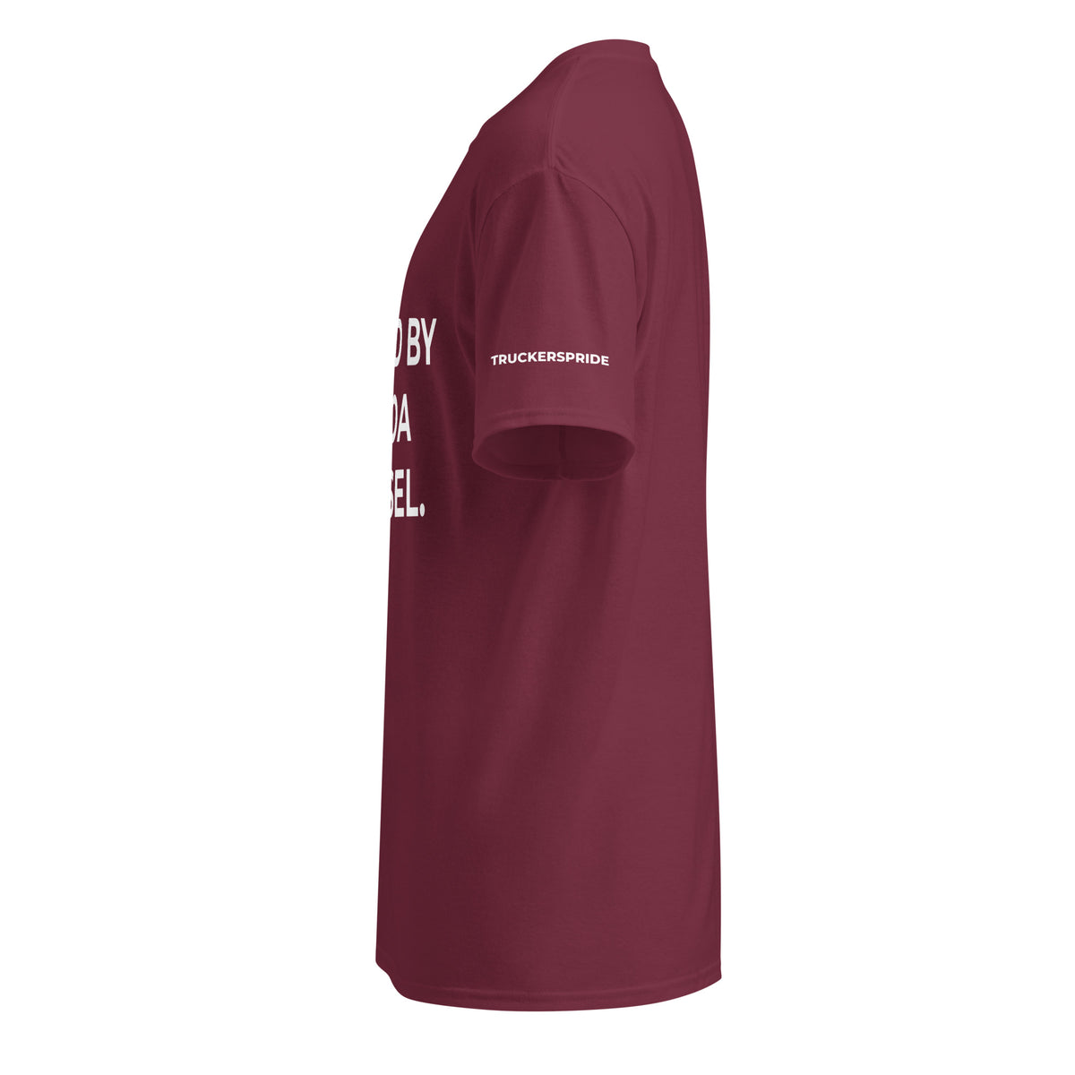 Trucker's Pride Fueled by Cocoa & Diesel Trucker T-Shirt in maroon, left side view