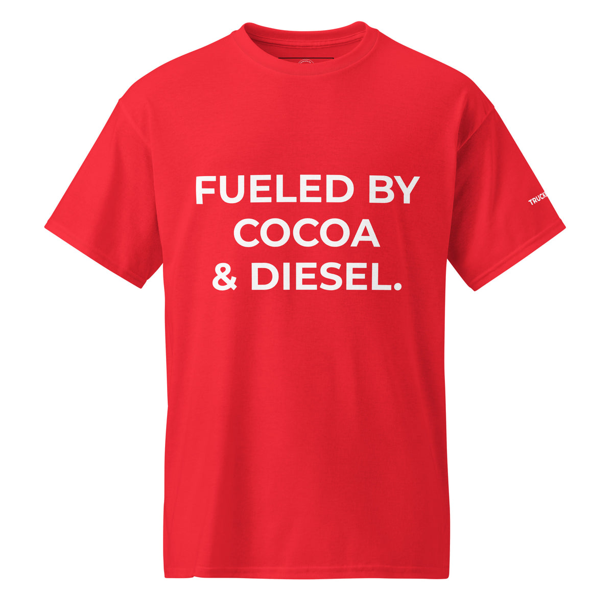 Trucker's Pride Fueled by Cocoa & Diesel Trucker T-Shirt in red, front view