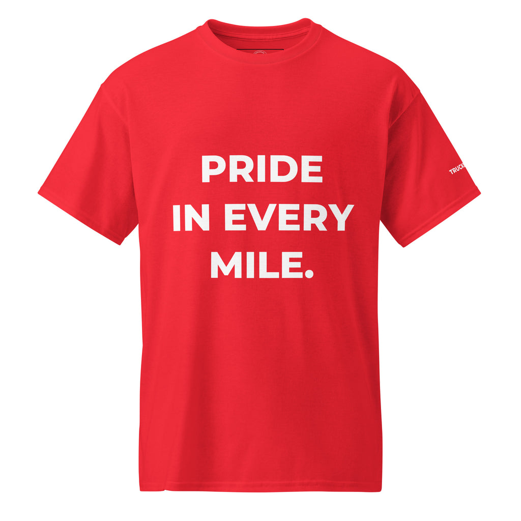 Trucker's Pride Pride in Every Mile Holiday Red & Green Trucker T-Shirt in red, front view