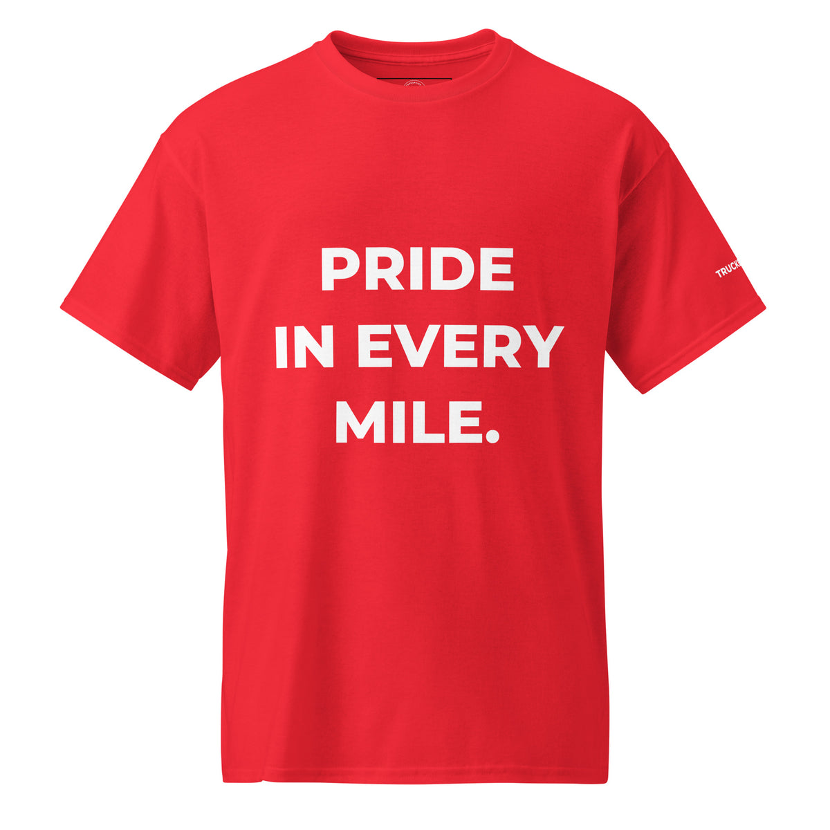 Trucker's Pride Pride in Every Mile Holiday Red & Green Trucker T-Shirt in red, front view