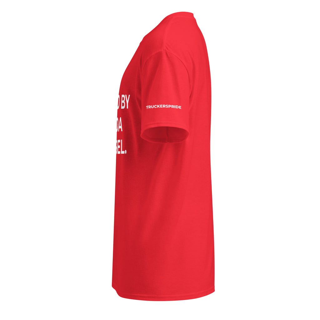 Trucker's Pride Fueled by Cocoa & Diesel Trucker T-Shirt in red, left side view