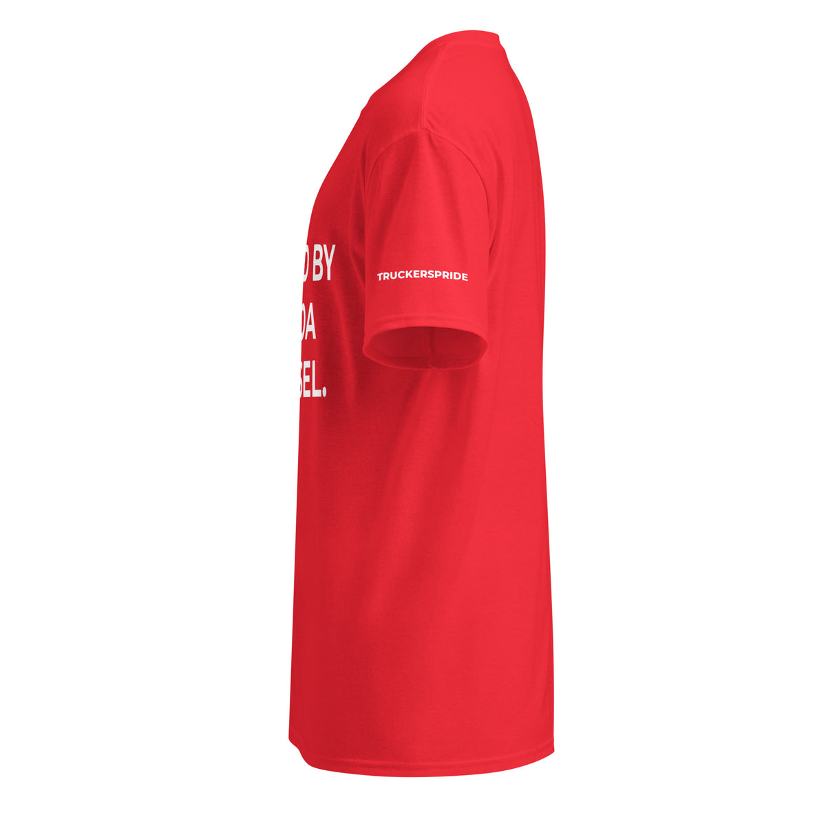 Trucker's Pride Fueled by Cocoa & Diesel Trucker T-Shirt in red, left side view